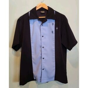 Steady Classics Black Blue Bowling Retro Short Sleeve Button Up Shirt Sz M